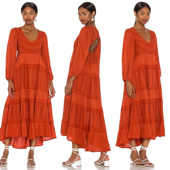 FREE PEOPLE L Mockingbird Maxi Dress in Rooibos Tea • Rust Orange Floral Eyelet - Picture 12 of 13